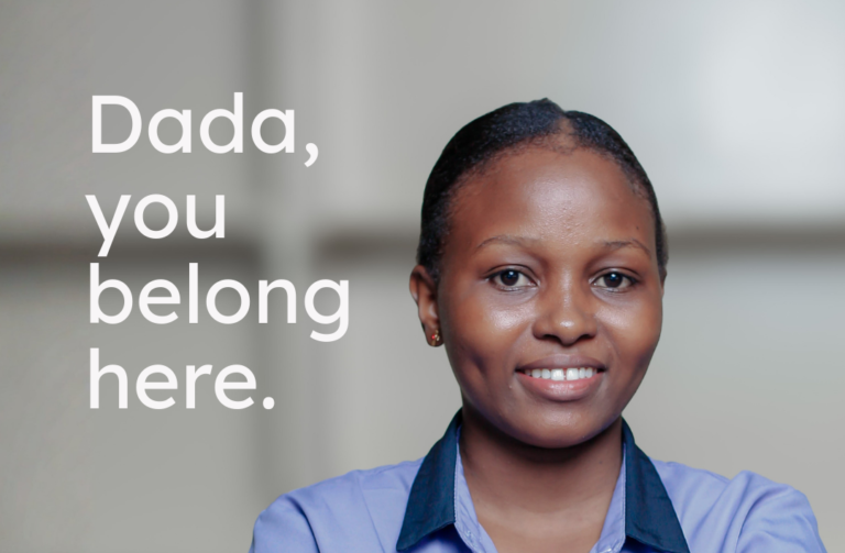 Young woman representing African Child Academy with message ‘Dada, you belong here’ promoting digital and cybersecurity courses for women.